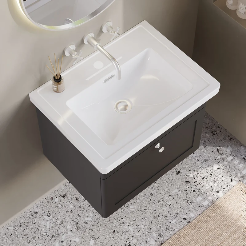 Classique 600mm Wall Hung Vanity Unit With 1 Drawer With Fireclay Basin - Satin Soft Black