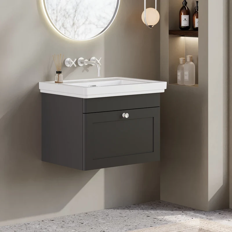 Classique 600mm Wall Hung Vanity Unit With 1 Drawer With Fireclay Basin - Satin Soft Black