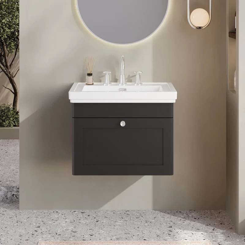 Classique 600mm Wall Hung Vanity Unit With 1 Drawer With Fireclay Basin - Satin Soft Black