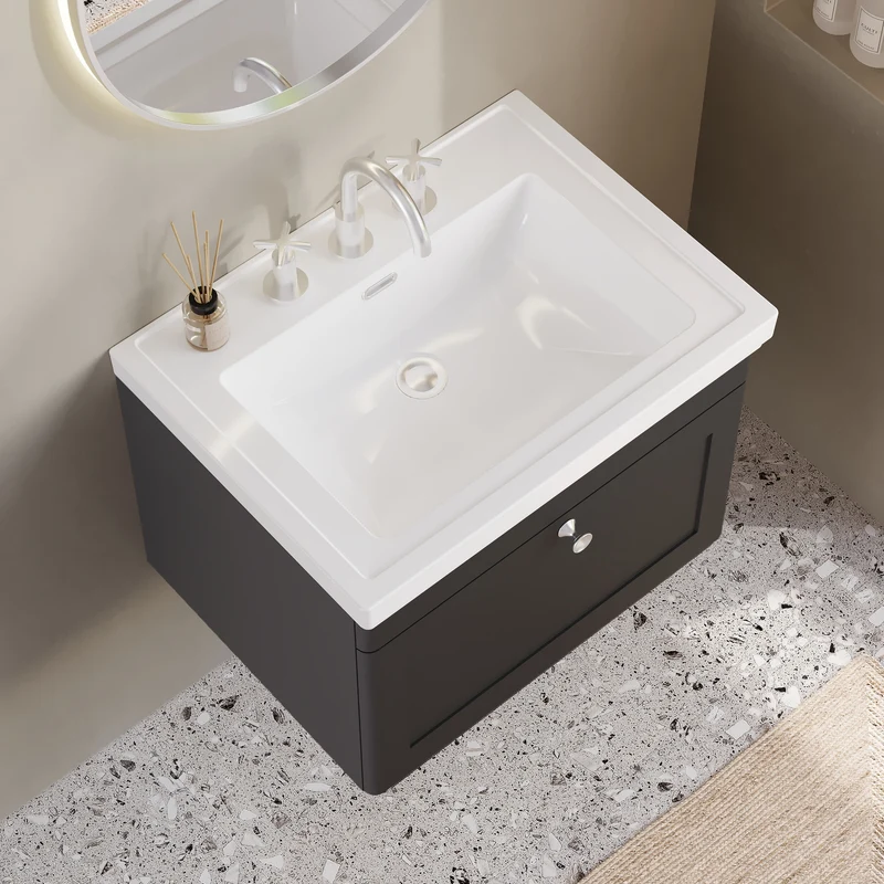 Classique 600mm Wall Hung Vanity Unit With 1 Drawer With Fireclay Basin - Satin Soft Black