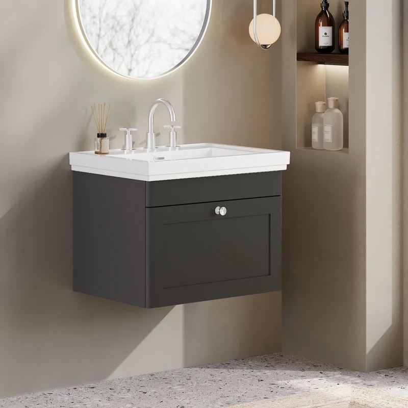 Classique 600mm Wall Hung Vanity Unit With 1 Drawer With Fireclay Basin - Satin Soft Black