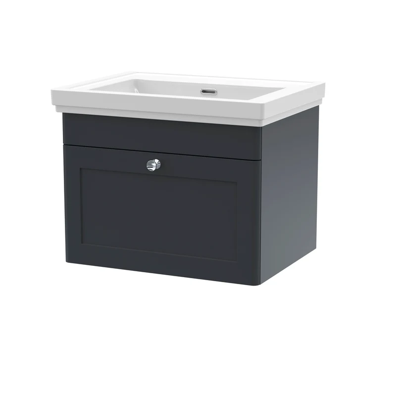 Classique 600mm Wall Hung Vanity Unit With 1 Drawer With Fireclay Basin - Satin Soft Black