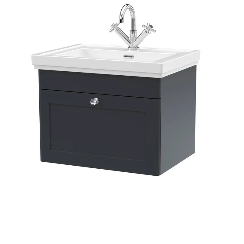 Classique 600mm Wall Hung Vanity Unit With 1 Drawer With Fireclay Basin - Satin Soft Black