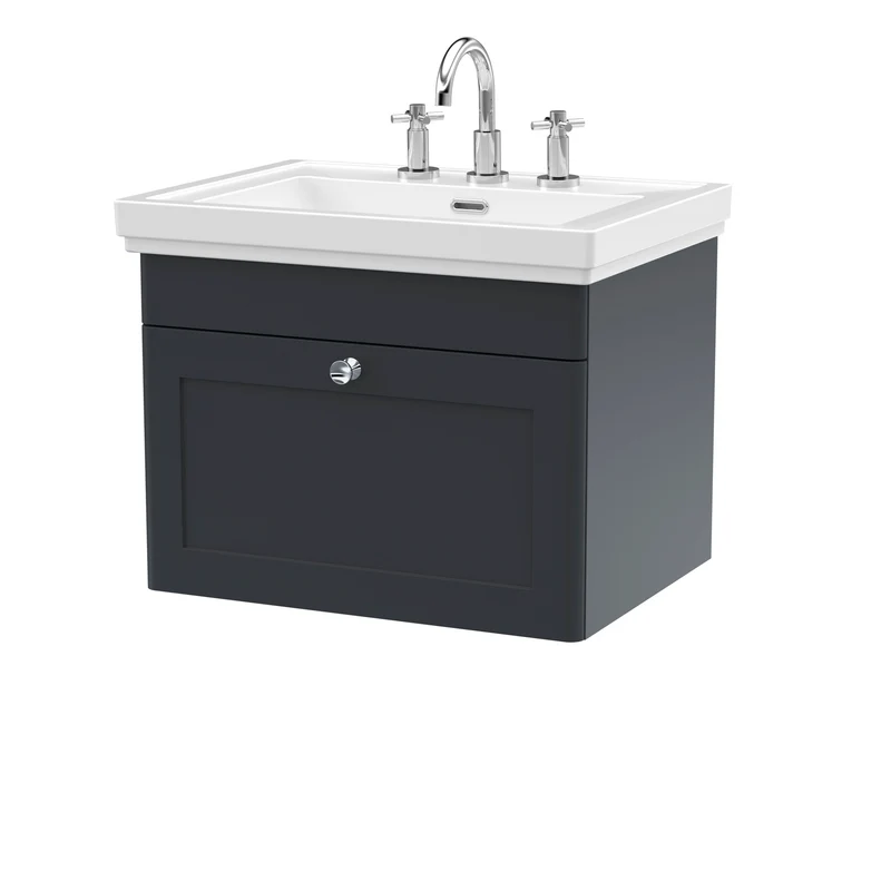 Classique 600mm Wall Hung Vanity Unit With 1 Drawer With Fireclay Basin - Satin Soft Black