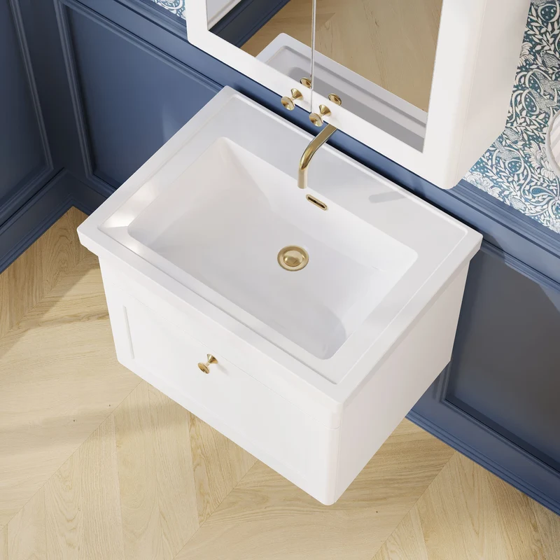 Classique 600mm Wall Hung Vanity Unit With 1 Drawer With Fireclay Basin - Satin White