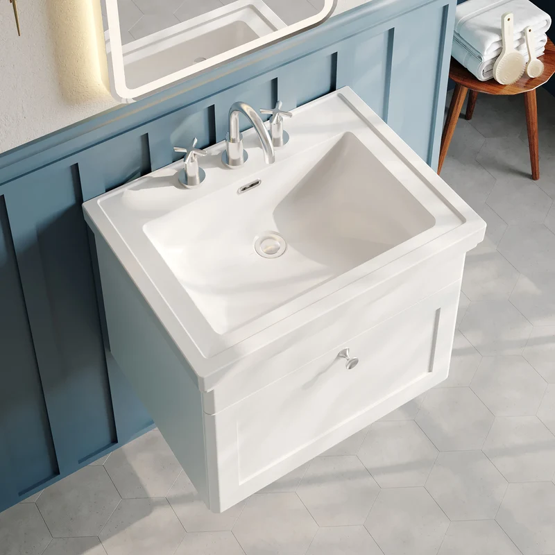 Classique 600mm Wall Hung Vanity Unit With 1 Drawer With Fireclay Basin - Satin White