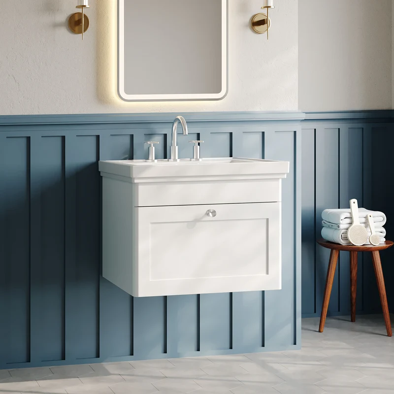 Classique 600mm Wall Hung Vanity Unit With 1 Drawer With Fireclay Basin - Satin White