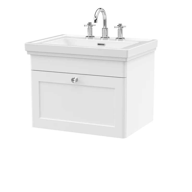 Classique 600mm Wall Hung Vanity Unit With 1 Drawer With Fireclay Basin - Satin White