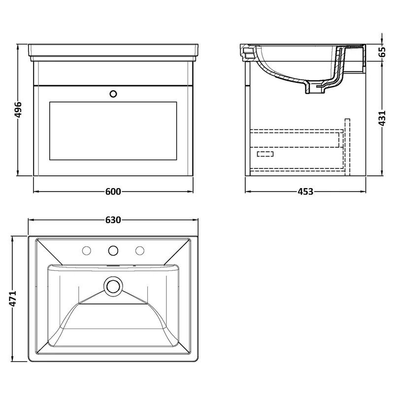 Classique 600mm Wall Hung Vanity Unit With 1 Drawer With Fireclay Basin - Satin White
