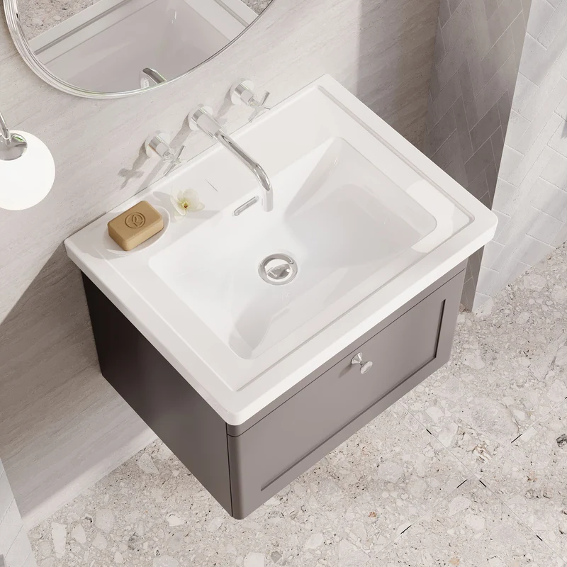 Classique 600mm Wall Hung Vanity Unit With 1 Drawer With Fireclay Basin - Satin Grey