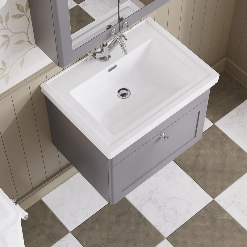 Classique 600mm Wall Hung Vanity Unit With 1 Drawer With Fireclay Basin - Satin Grey