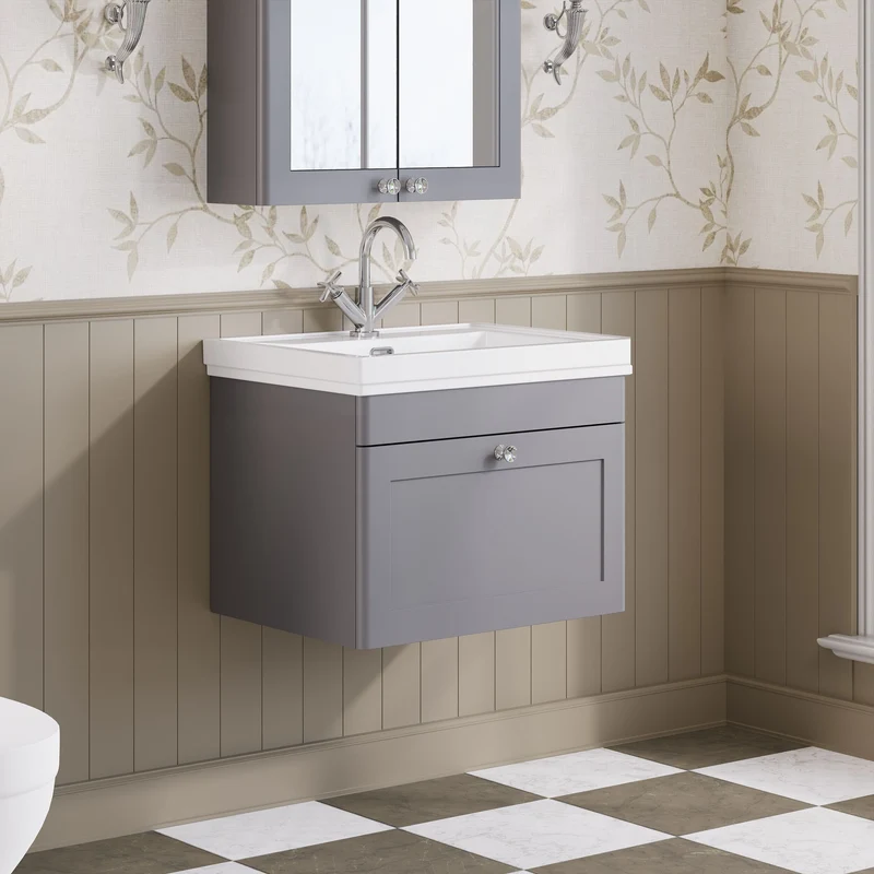 Classique 600mm Wall Hung Vanity Unit With 1 Drawer With Fireclay Basin - Satin Grey