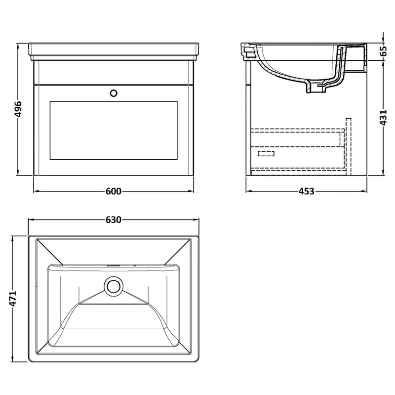 Classique 600mm Wall Hung Vanity Unit With 1 Drawer With Fireclay Basin - Satin Grey