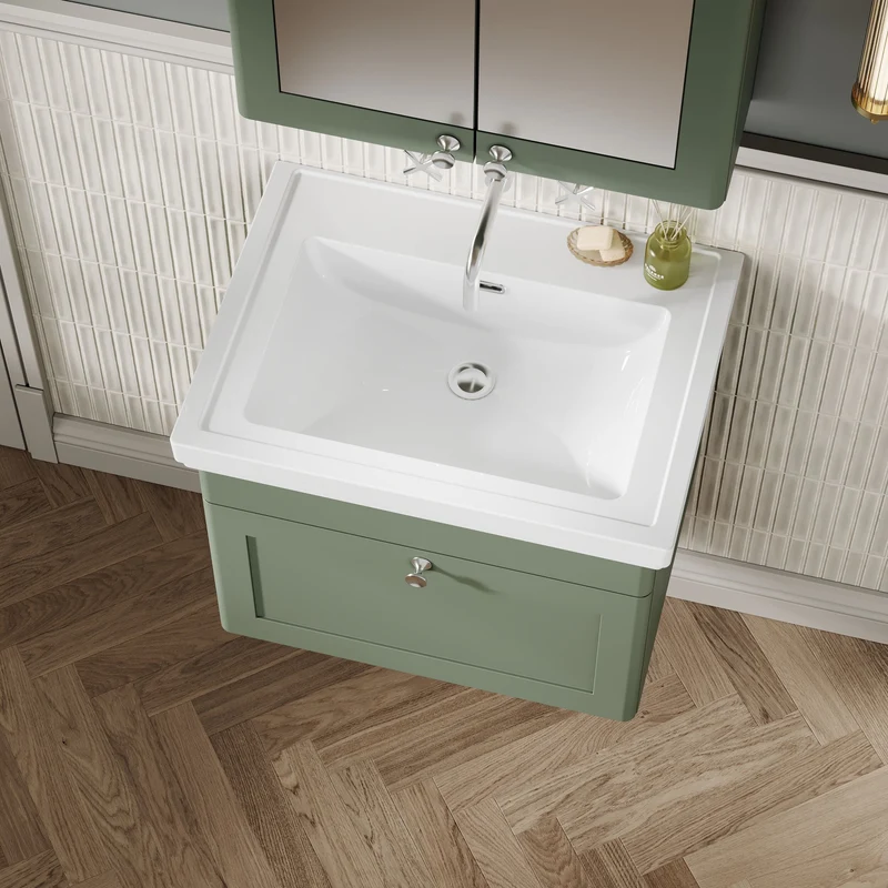 Classique 600mm Wall Hung Vanity Unit With 1 Drawer With Fireclay Basin - Satin Green