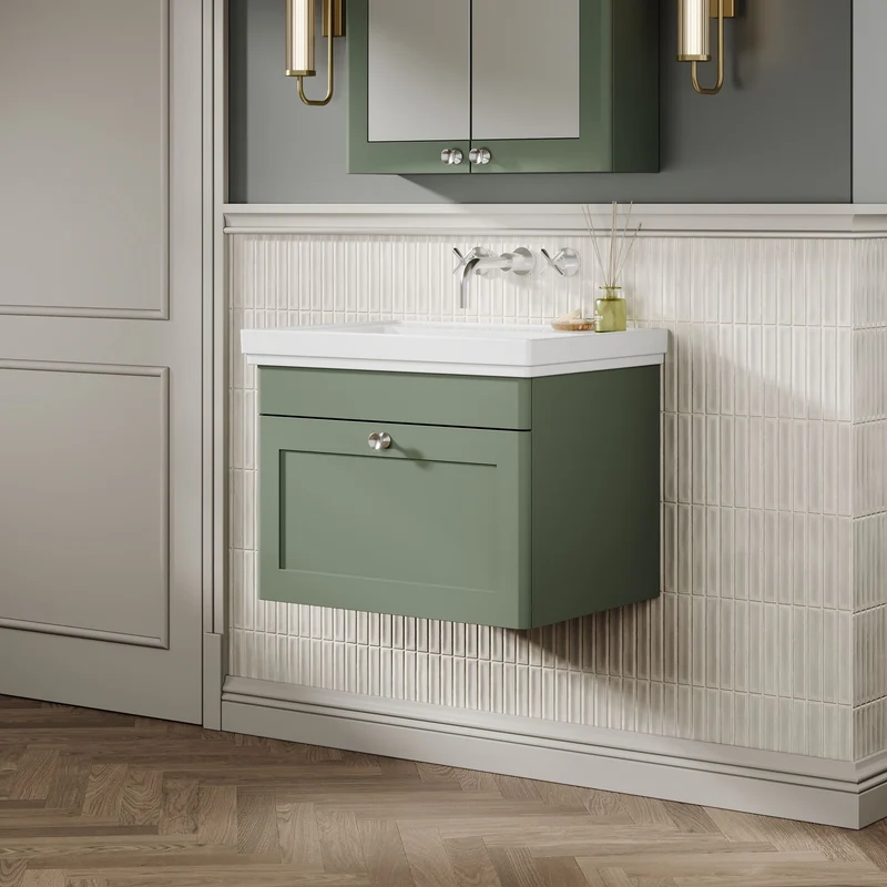 Classique 600mm Wall Hung Vanity Unit With 1 Drawer With Fireclay Basin - Satin Green