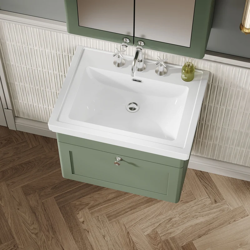 Classique 600mm Wall Hung Vanity Unit With 1 Drawer With Fireclay Basin - Satin Green