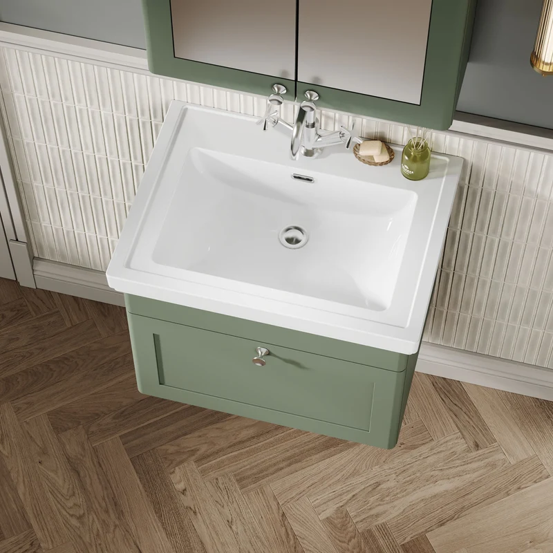 Classique 600mm Wall Hung Vanity Unit With 1 Drawer With Fireclay Basin - Satin Green
