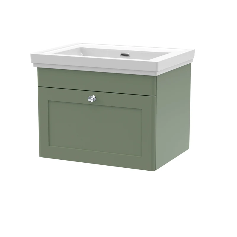 Classique 600mm Wall Hung Vanity Unit With 1 Drawer With Fireclay Basin - Satin Green