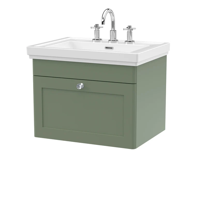 Classique 600mm Wall Hung Vanity Unit With 1 Drawer With Fireclay Basin - Satin Green