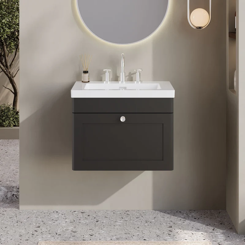 Classique 600mm Wall Hung Vanity Unit With 1 Drawer With Contemporary Basin - Satin Soft Black