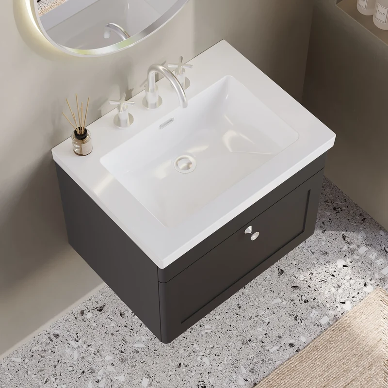 Classique 600mm Wall Hung Vanity Unit With 1 Drawer With Contemporary Basin - Satin Soft Black