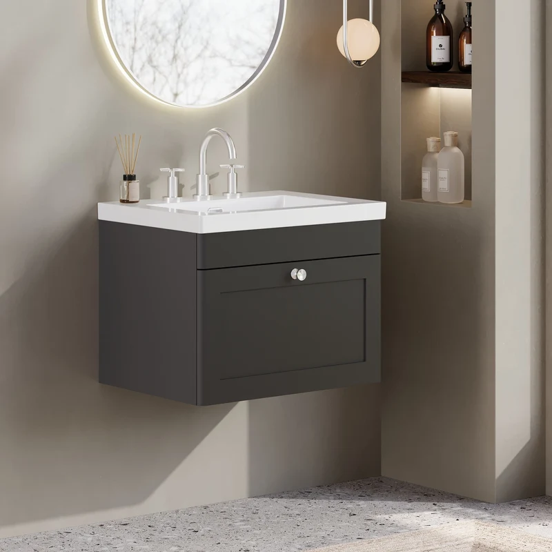 Classique 600mm Wall Hung Vanity Unit With 1 Drawer With Contemporary Basin - Satin Soft Black