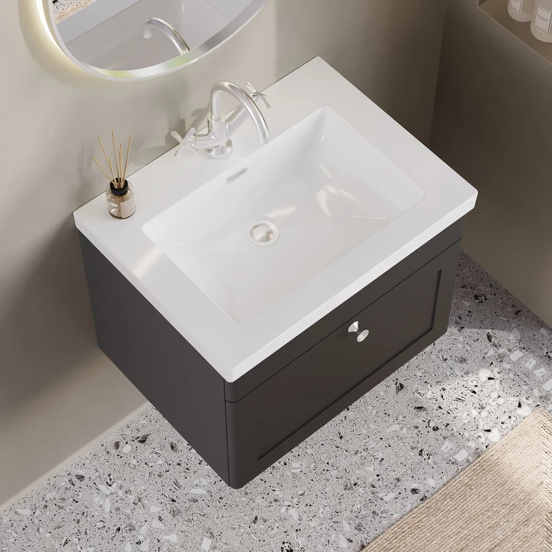 Classique 600mm Wall Hung Vanity Unit With 1 Drawer With Contemporary Basin - Satin Soft Black