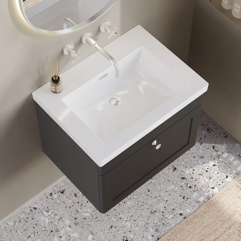 Classique 600mm Wall Hung Vanity Unit With 1 Drawer With Contemporary Basin - Satin Soft Black