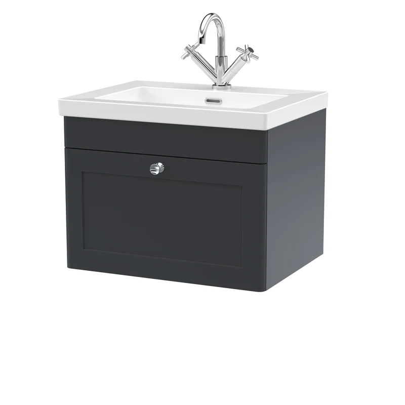 Classique 600mm Wall Hung Vanity Unit With 1 Drawer With Contemporary Basin - Satin Soft Black