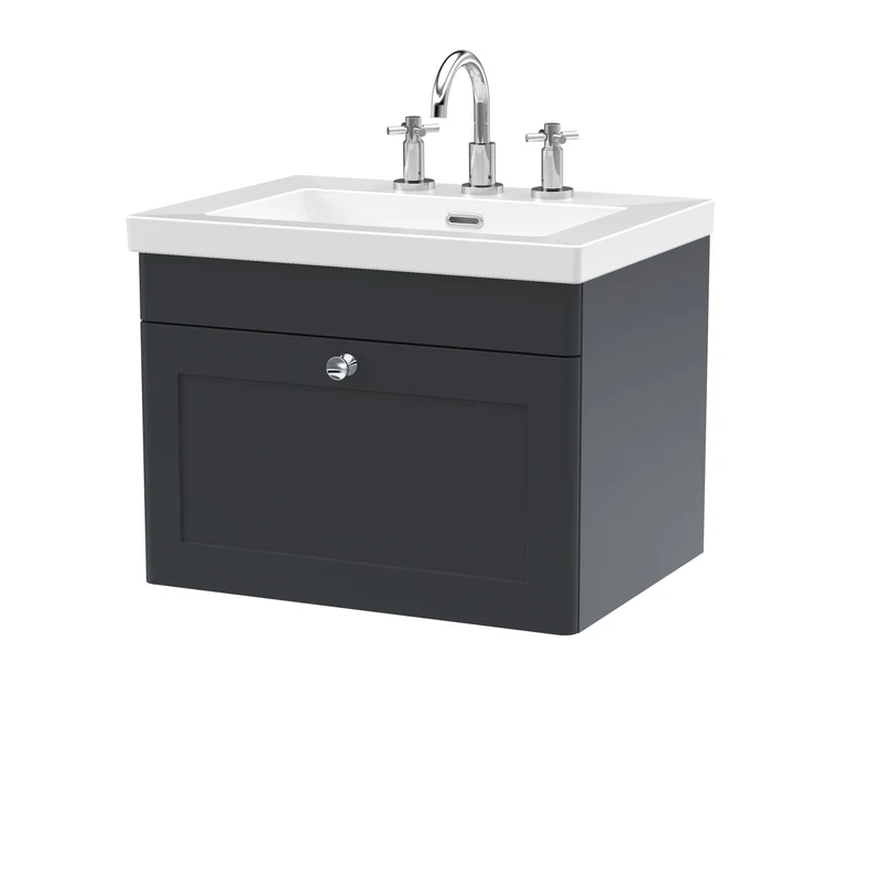 Classique 600mm Wall Hung Vanity Unit With 1 Drawer With Contemporary Basin - Satin Soft Black