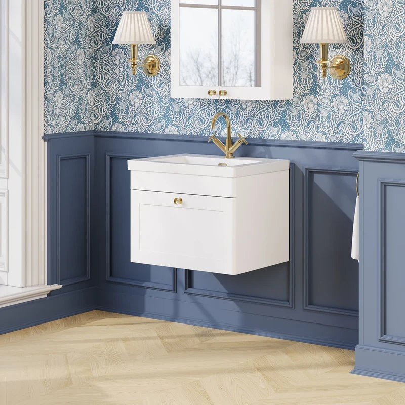 Classique 600mm Wall Hung Vanity Unit With 1 Drawer With Contemporary Basin - Satin White