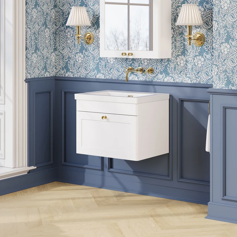 Classique 600mm Wall Hung Vanity Unit With 1 Drawer With Contemporary Basin - Satin White