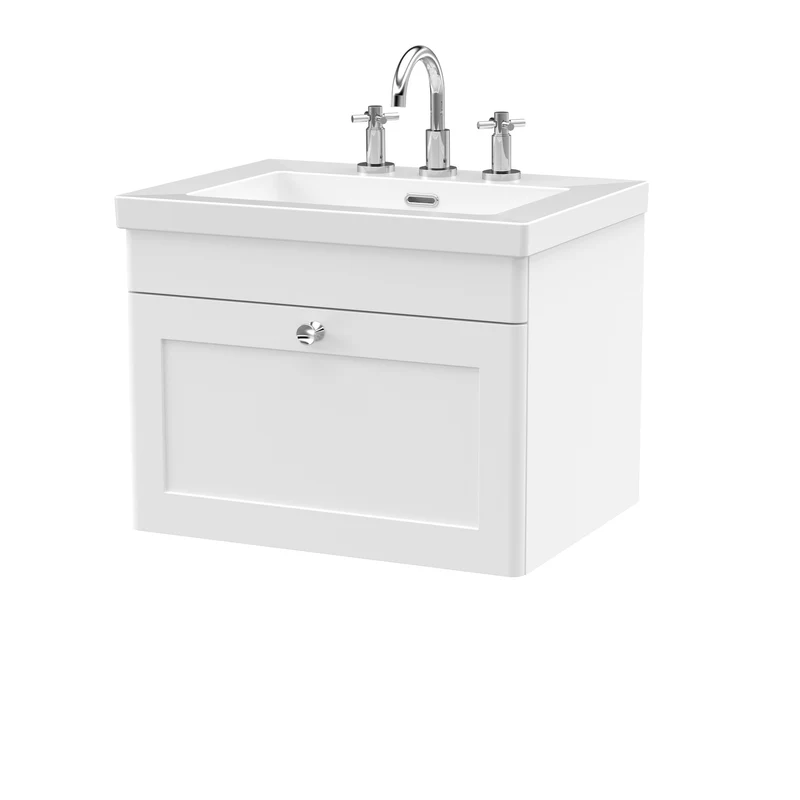 Classique 600mm Wall Hung Vanity Unit With 1 Drawer With Contemporary Basin - Satin White