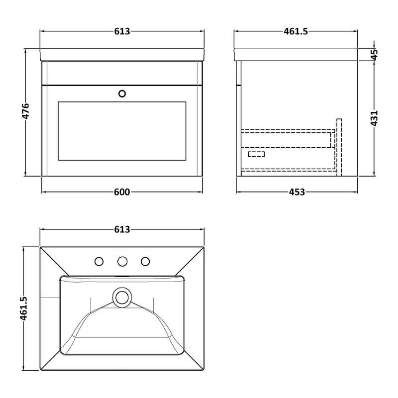 Classique 600mm Wall Hung Vanity Unit With 1 Drawer With Contemporary Basin - Satin White