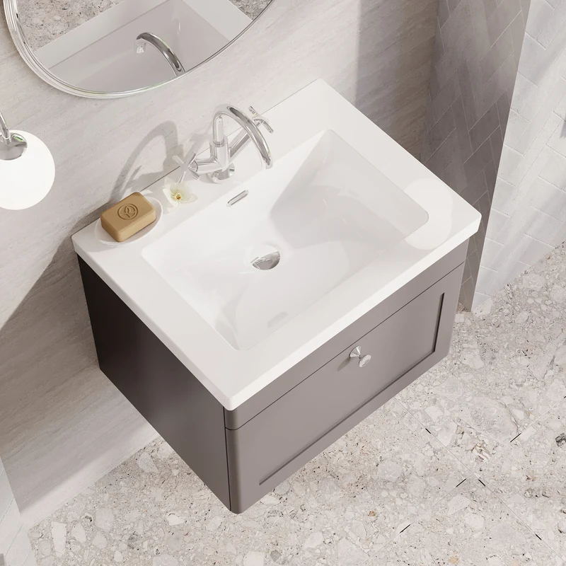 Classique 600mm Wall Hung Vanity Unit With 1 Drawer With Contemporary Basin - Satin Grey