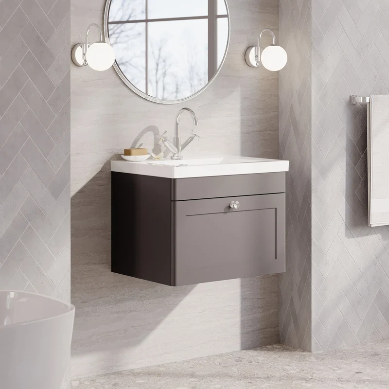 Classique 600mm Wall Hung Vanity Unit With 1 Drawer With Contemporary Basin - Satin Grey