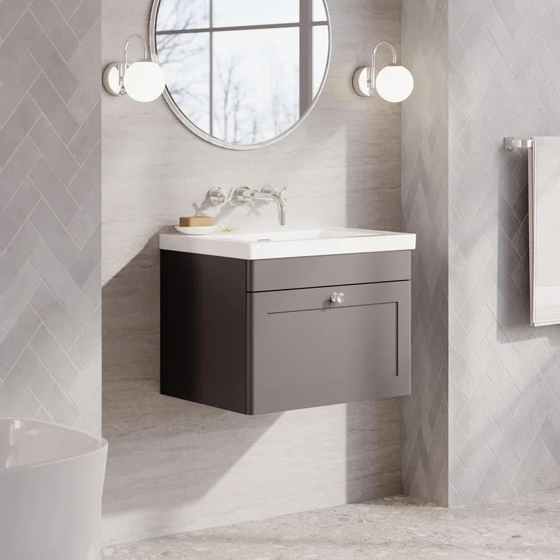 Classique 600mm Wall Hung Vanity Unit With 1 Drawer With Contemporary Basin - Satin Grey