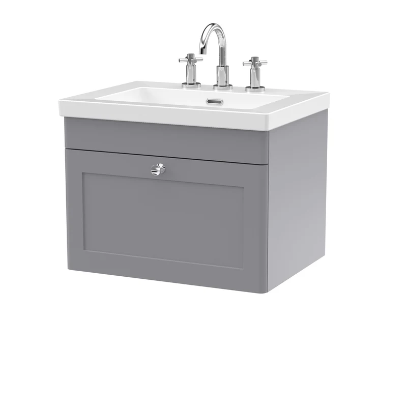 Classique 600mm Wall Hung Vanity Unit With 1 Drawer With Contemporary Basin - Satin Grey