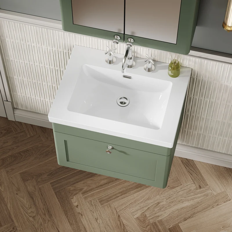 Classique 600mm Wall Hung Vanity Unit With 1 Drawer With Contemporary Basin - Satin Green