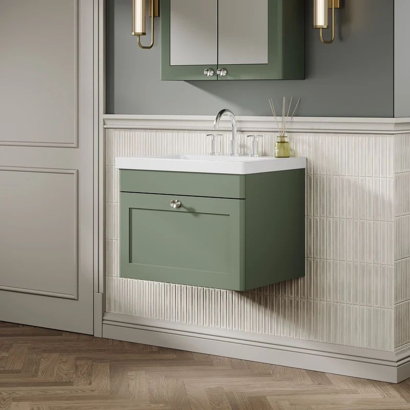 Classique 600mm Wall Hung Vanity Unit With 1 Drawer With Contemporary Basin - Satin Green