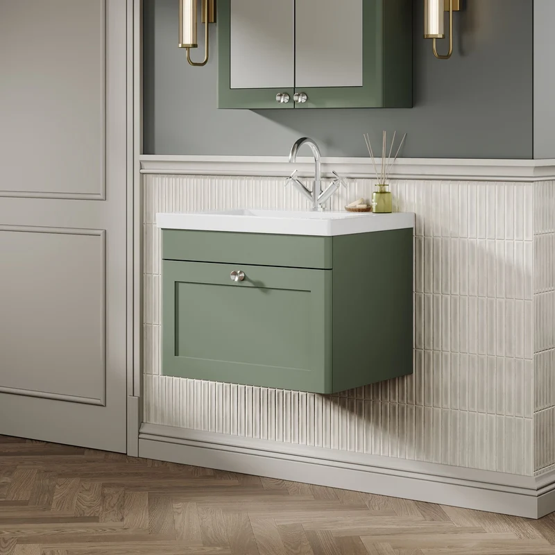 Classique 600mm Wall Hung Vanity Unit With 1 Drawer With Contemporary Basin - Satin Green