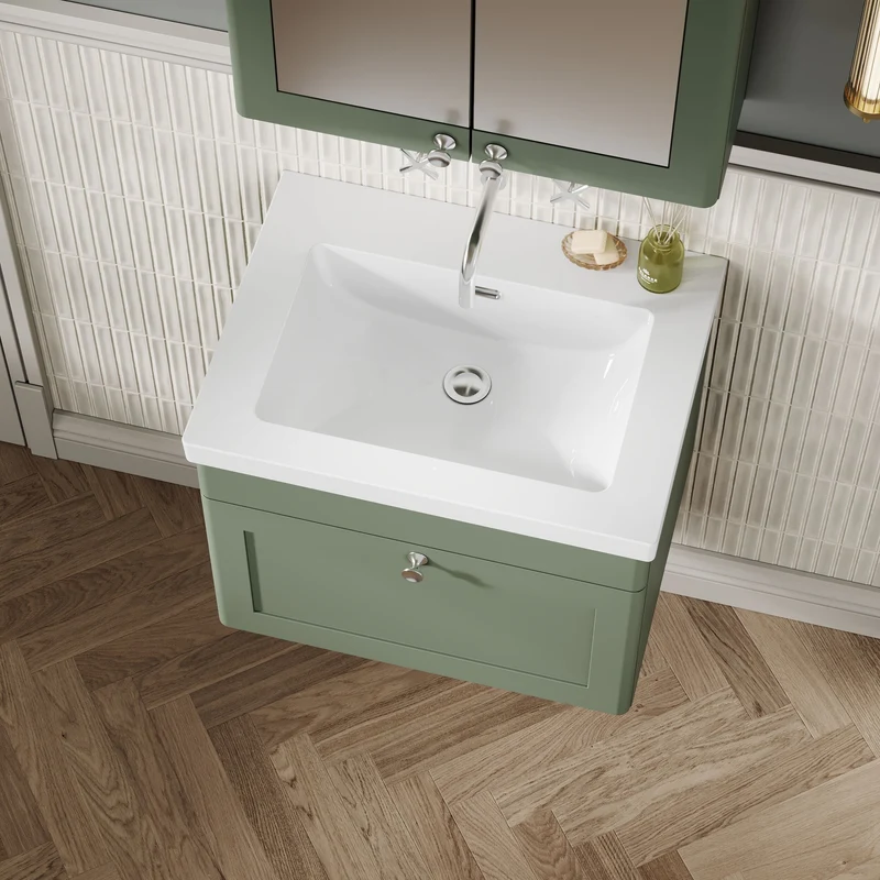 Classique 600mm Wall Hung Vanity Unit With 1 Drawer With Contemporary Basin - Satin Green