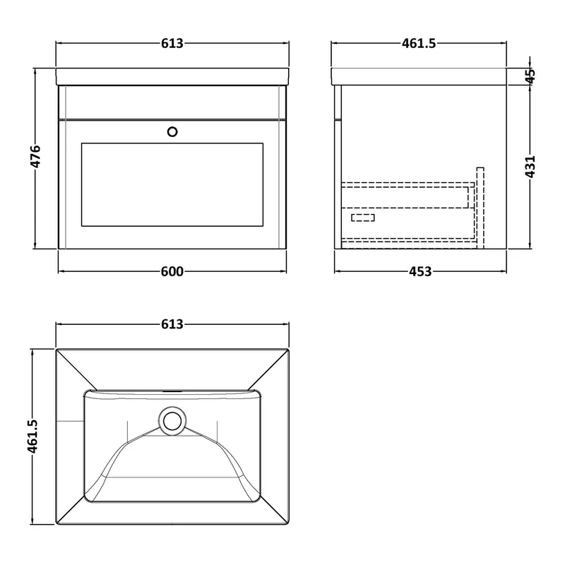 Classique 600mm Wall Hung Vanity Unit With 1 Drawer With Contemporary Basin - Satin Green