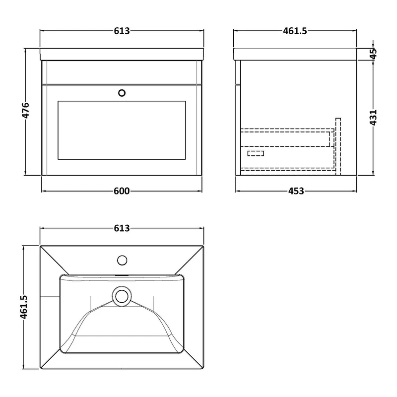 Classique 600mm Wall Hung Vanity Unit With 1 Drawer With Contemporary Basin - Satin Green
