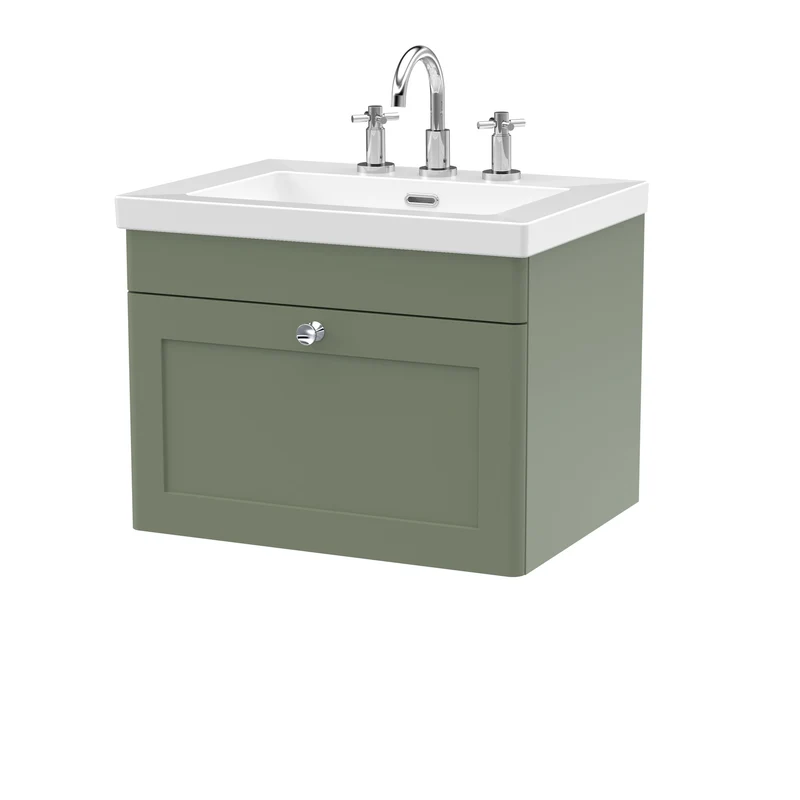 Classique 600mm Wall Hung Vanity Unit With 1 Drawer With Contemporary Basin - Satin Green