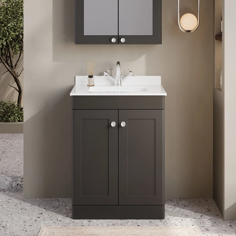 Classique 600mm Floor Standing Vanity Unit With 2 Doors With White Marble Worktop With Square Basin - Satin Soft Black
