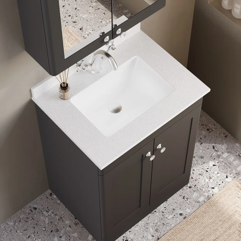 Classique 600mm Floor Standing Vanity Unit With 2 Doors With White Marble Worktop With Square Basin - Satin Soft Black