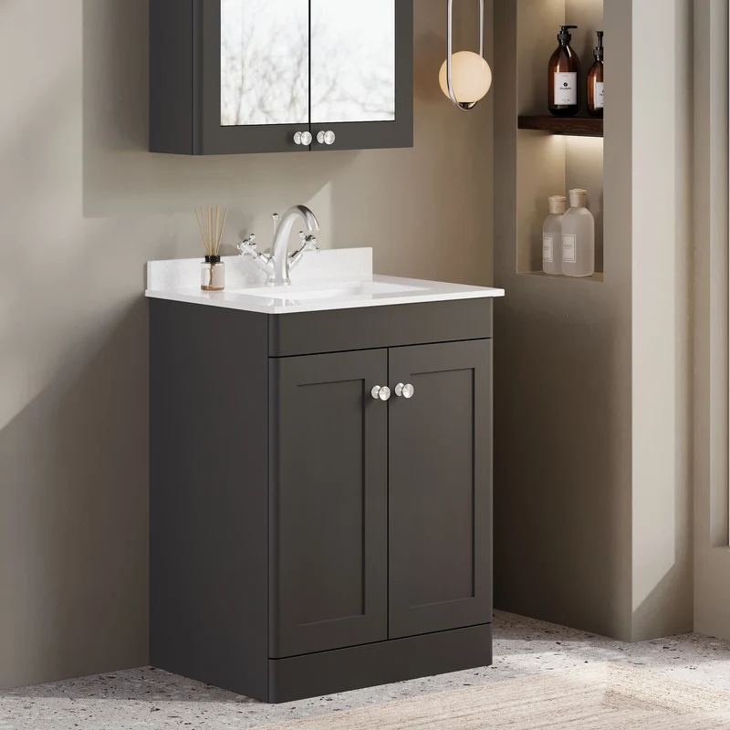 Classique 600mm Floor Standing Vanity Unit With 2 Doors With White Marble Worktop With Square Basin - Satin Soft Black