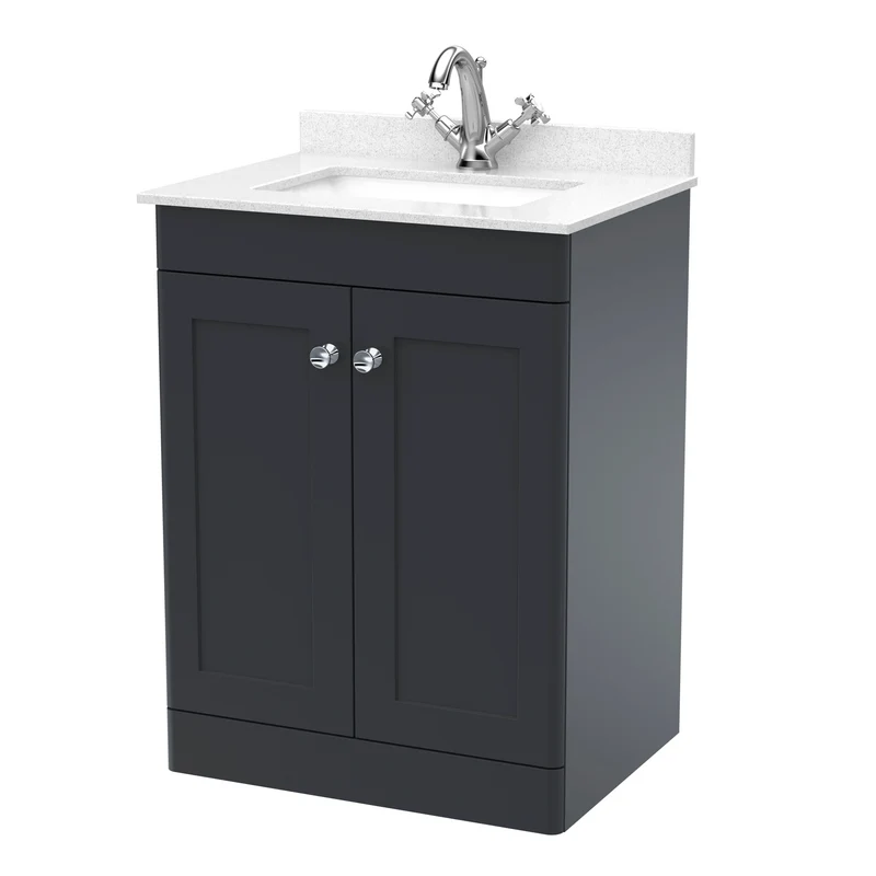 Classique 600mm Floor Standing Vanity Unit With 2 Doors With White Marble Worktop With Square Basin - Satin Soft Black
