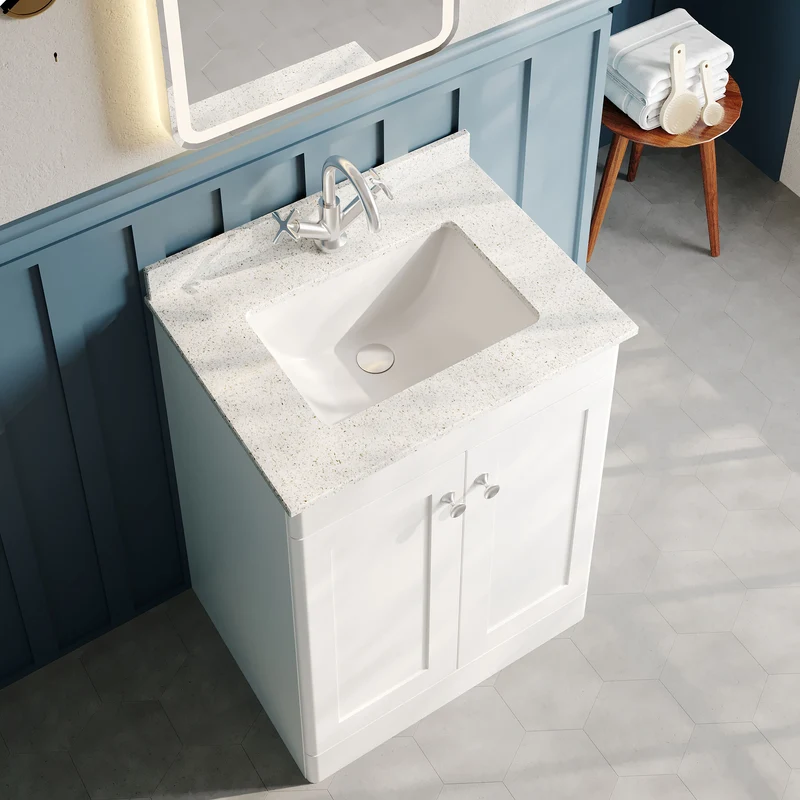 Classique 600mm Floor Standing Vanity Unit With 2 Doors With White Marble Worktop With Square Basin - Satin White